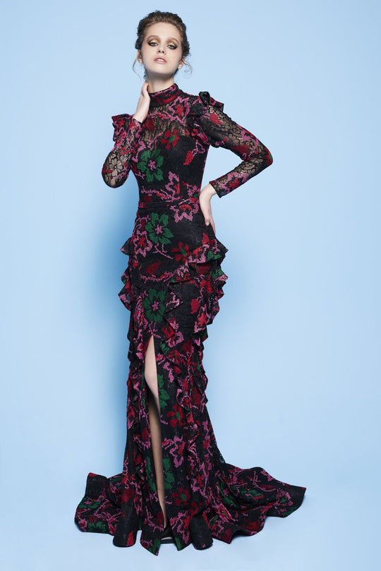 MNM Couture - N0233 Multi-Colored Lace Applique Dress With Train in Multi-Color