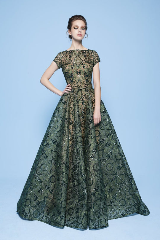 MNM Couture - N0239 Sequined Embroidered Bateau Ballgown in Green