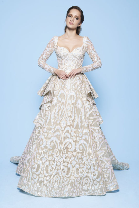 MNM Couture - N0240 Long Sleeve Sequined Floral Ballgown in Neutral