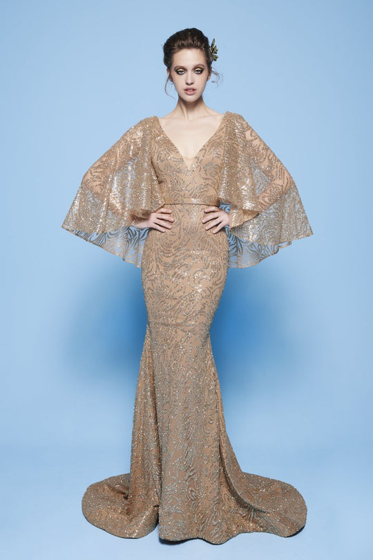 MNM Couture - N0245 Sequin Embellished Mermaid Gown with Cape Sleeves in Gold