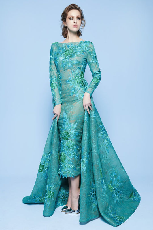 MNM Couture - N0250 Lace Embroidered Bateau Dress in Green