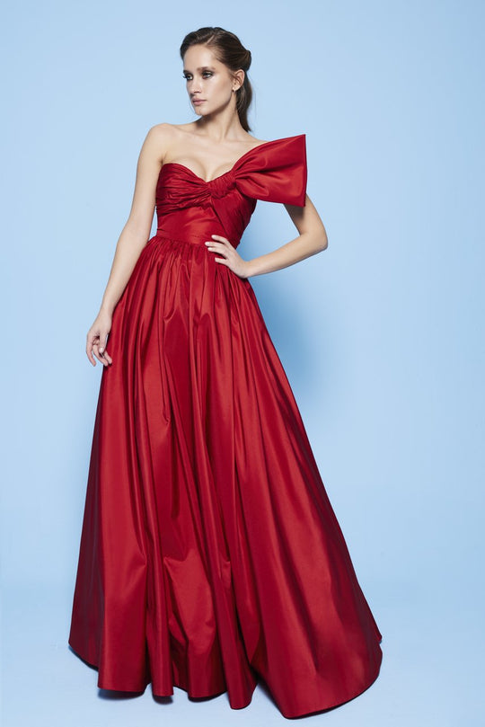 MNM Couture - N0258 Strapless Asymmetric Neck Ballgown in Red