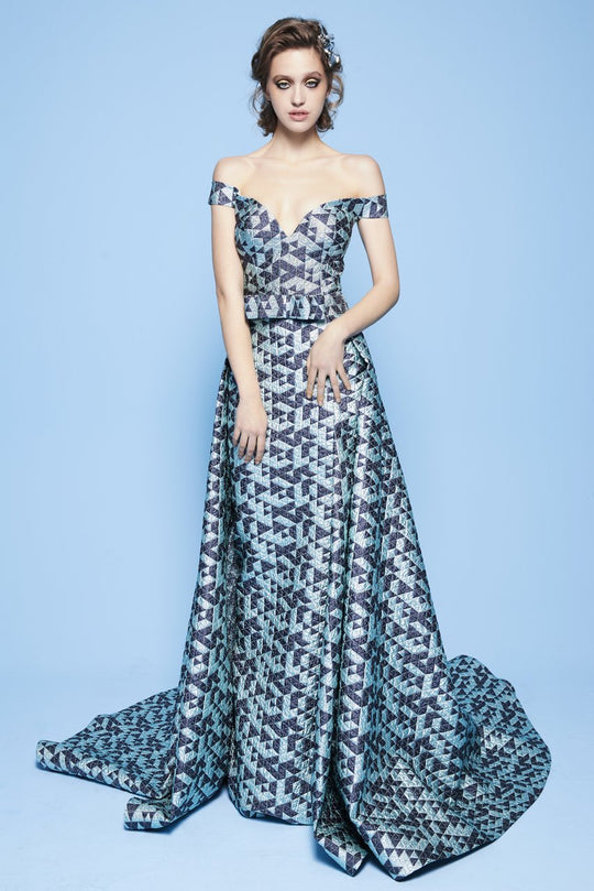 MNM Couture - N0260 Geometric Patterned Off-Shoulder Dress in Multi-Color