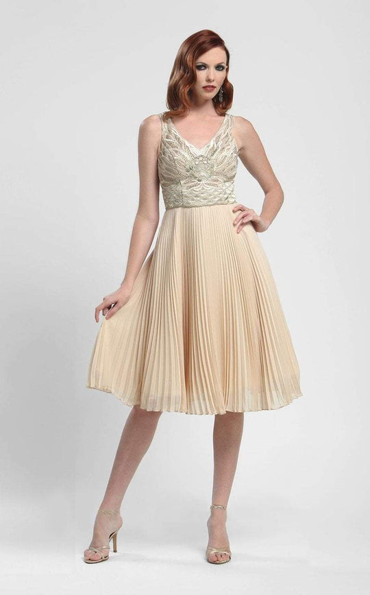 Sue Wong  - N4136 Sleeveless Embroidered Accordion Pleat A-Line Dress in Neutral