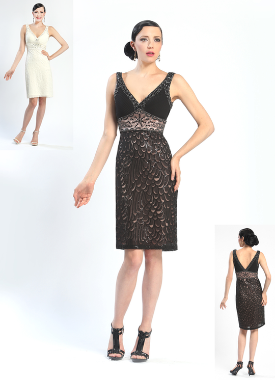 Sue Wong - N4367 V-Neck Mesh Cocktail Dress in Black