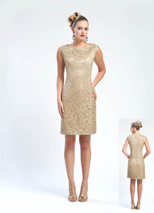 Sue Wong - Floral Crochet Lace Sheath Dress N4441 in Gold
