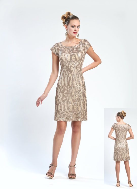 Sue Wong - Sequined Square Neck Sheath Dress N4442 in Neutral