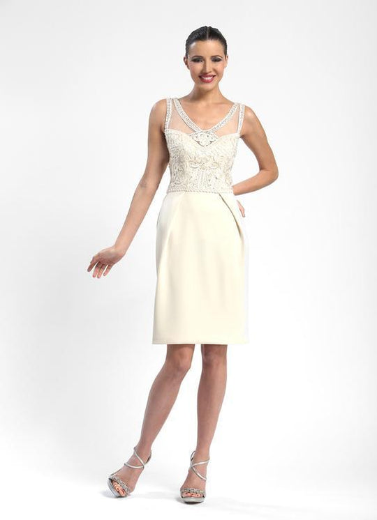Sue Wong - Sleeveless V-neck Beaded Cocktail Dress in White