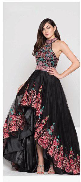 Colors Dress - 1853 Embellished High Low Gown In Black and Multi-Color