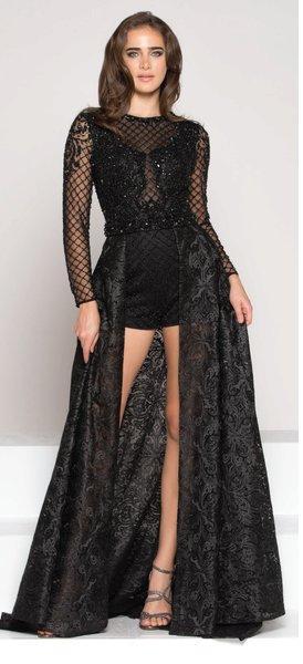 Colors Dress - 1957 Long Sleeve Mesh Short Dress with Overskirt In Black