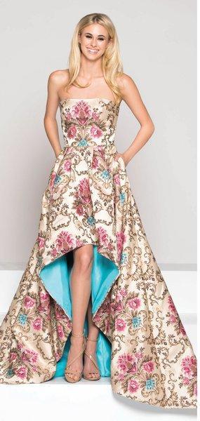 Colors Dress - 1822 Jacquard High Low A-line Dress In Pink and Multi-Color