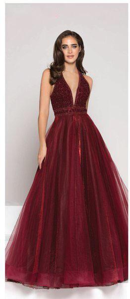 Colors Dress - 1863 Embellished Halter Metallic Mesh Ballgown In Red