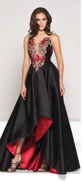 Colors Dress - 1811 Sheer and Floral Ornate High Low Gown In Black and Red