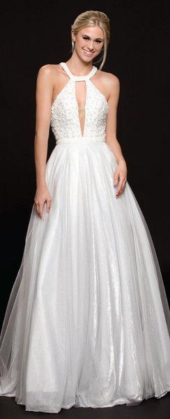 Colors Dress - 1949 Metallic Mesh Embellished Halter Ballgown In Silver and White