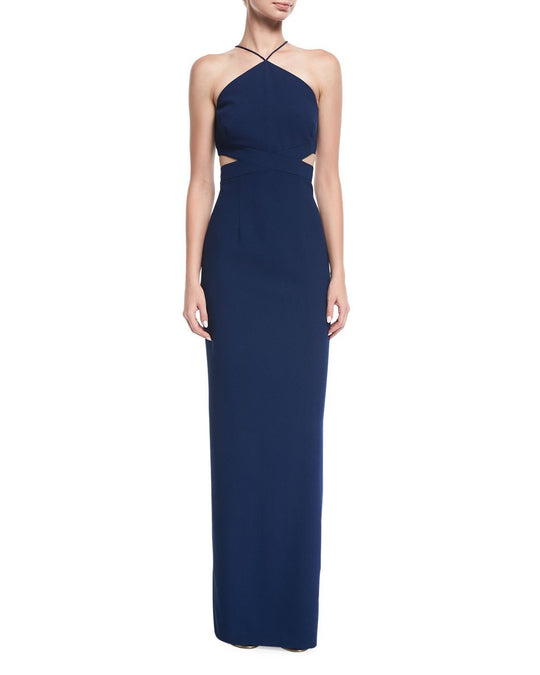 Aidan Mattox - MN1E202134 Halter Crepe Cutout Column Evening Gown in Blue
