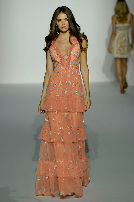 Sherri Hill - 52884 Embroidered Deep V-neck Layered Ruffled Dress In Orange