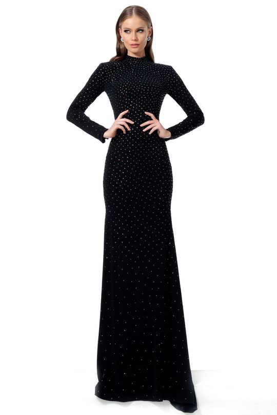 Jovani - 1459 Embellished Long Sleeve Trumpet Dress With Train In Black