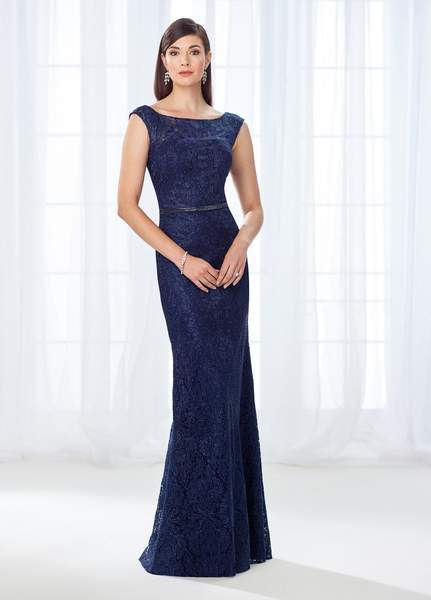 Mon Cheri - Cameron Blake - Bateau Neck Lace Fitted Gown 118687 In Blue