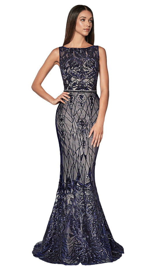 Cinderella Divine - CB0026 Sequined Bateau Mermaid Dress In Blue