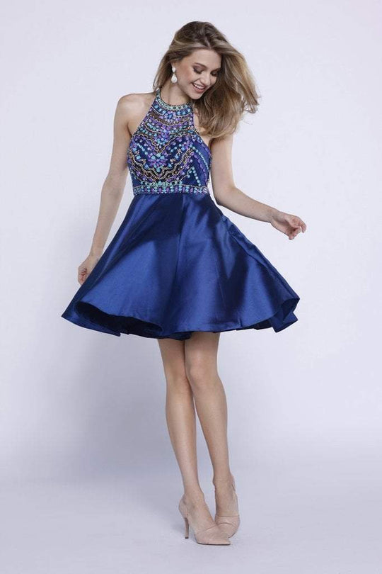 Nox Anabel - 6251 Bejeweled High Halter Satin Dress in Blue