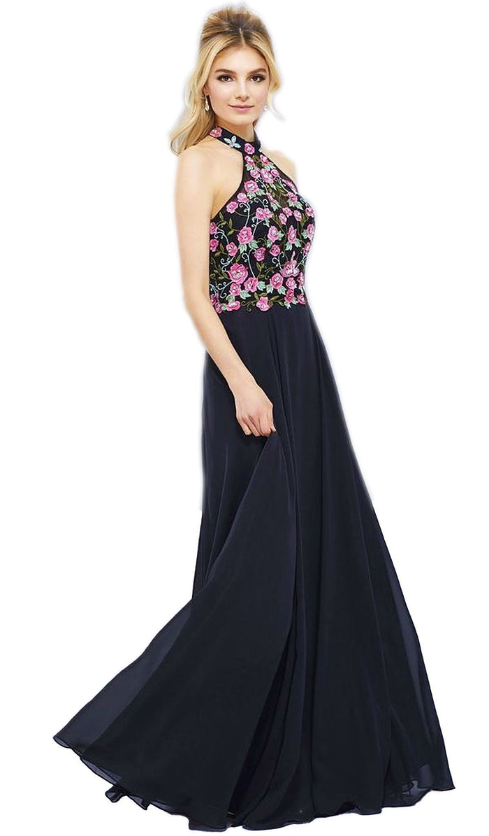Lovely Floral Halter Style Long Evening Gown
