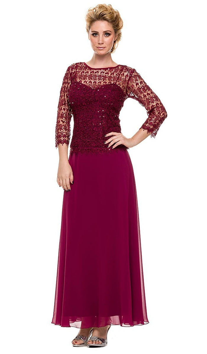 Quarter Sleeves Lace Overlay Top Long Formal Dress