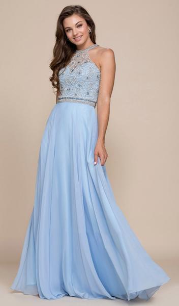 Nox Anabel - Beaded Illusion Halter A-line Dress 8295 In Blue