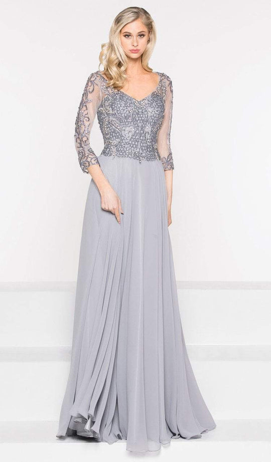 Marsoni by Colors - M228 Bead Embellished Quarter Length Sleeves Dress in Gray