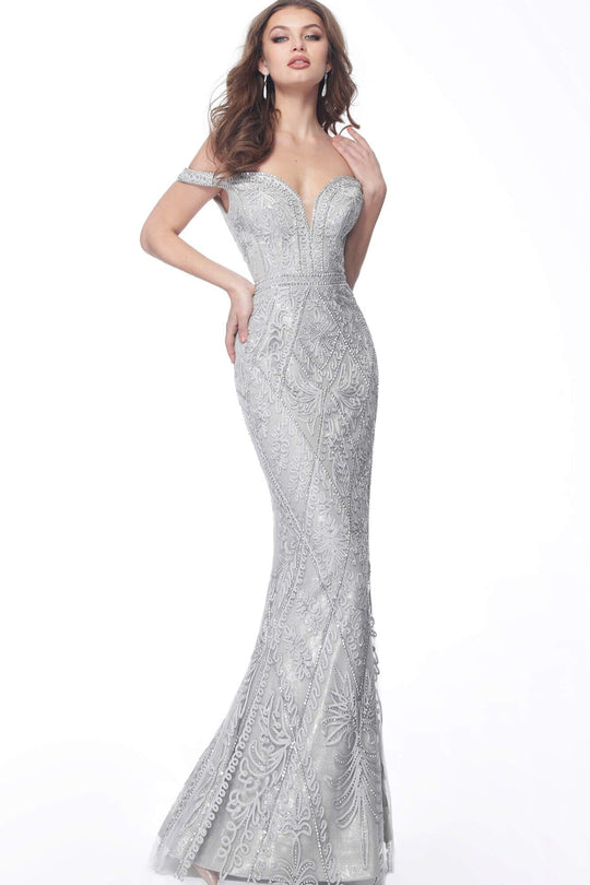 Jovani - 68130 Embroidered Deep Off-Shoulder Trumpet Dress In Gray