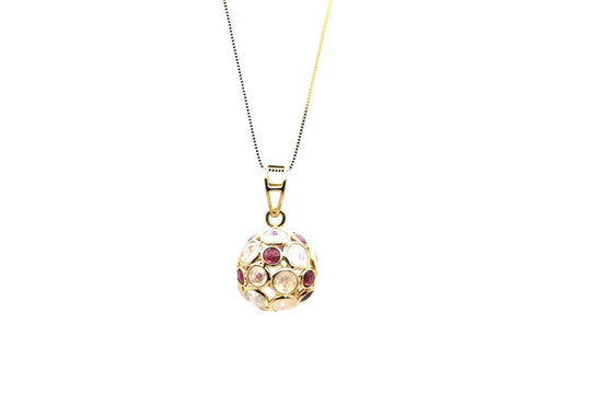 Rainbow Moonstone and Pink Tourmaline Ball Pendant in 18k Yellow Gold