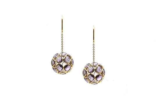 Amethyst Sphere Ball Dangle Earrings in 18k Yellow Gold