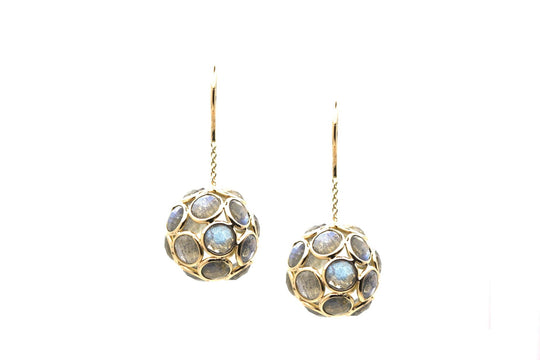 Labradorite Sphere Ball Dangle Earrings in 18k Yellow Gold
