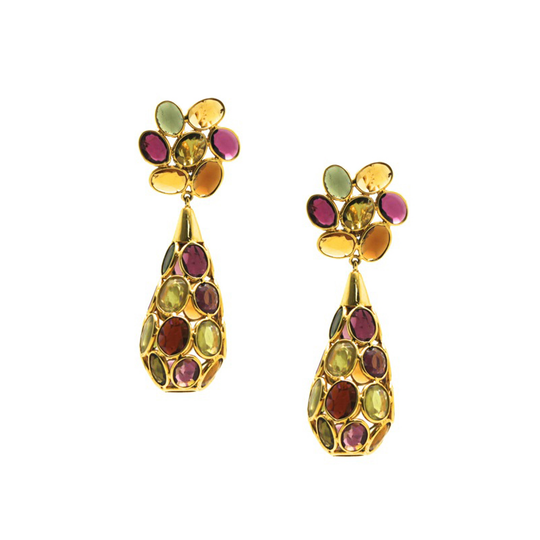 Tresor Collection - Multicolor Spinal Briolette Earrings with Flower top in 18k Yellow Gold