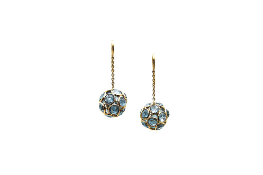 London Blue Topaz Round Ball Dangle Earrings in 18k Yellow Gold