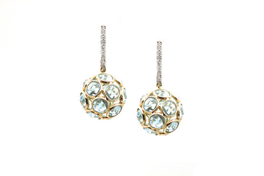 Sky Blue Topaz Ball Earrings With Diamond Huggies In 18K Yellow Gold