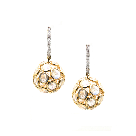 Rainbow Moonstone Ball Earrings with Diamond Huggies in 18k Yellow Gold
