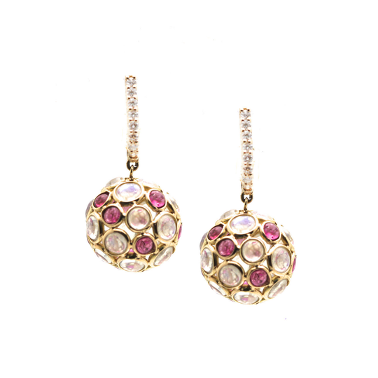 Rainbow Moonstone & Pink Tourmaline Ball With Diamond Huggies Earrings In 18K Yellow Gold