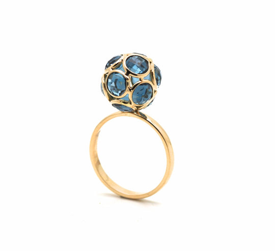 London Blue Topaz Sphere Ball Ring in 18k Yellow Gold