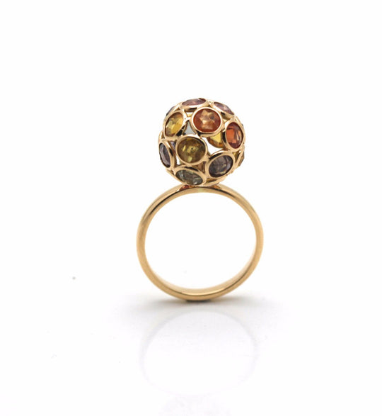 Multicolor Sapphire Sphere Ball Ring in 18k Yellow Gold