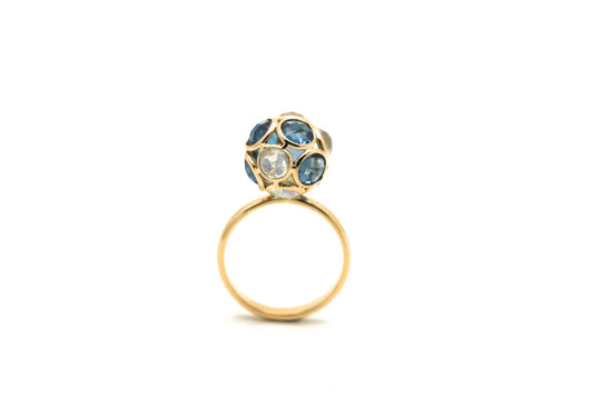 Rainbow Moonstone and London Blue Topaz Sphere Ball Ring in 18k Yellow Gold