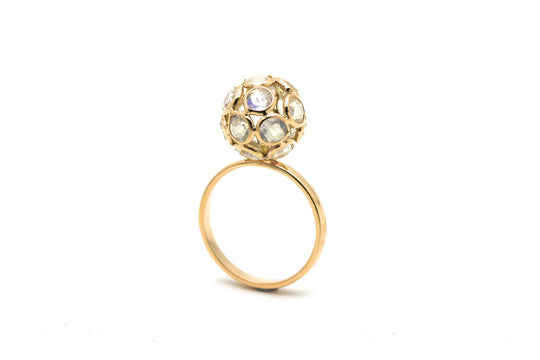 Rainbow Moonstone Sphere Ball Ring in 18k Yellow Gold