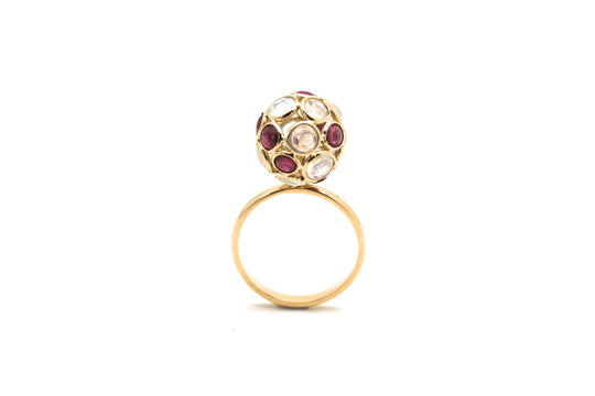 Rainbow Moonstone and Pink Tourmaline Ball Ring in 18k Yellow Gold