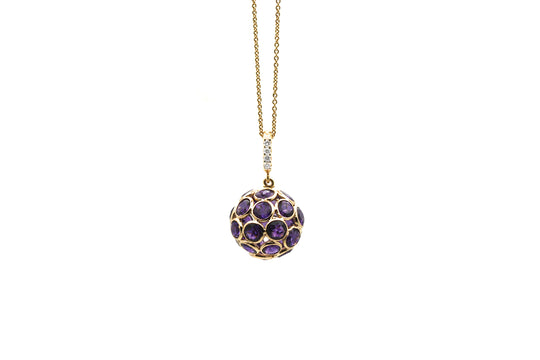 Amethyst & Diamond Sphere Ball Pendant in 18k Yellow Gold