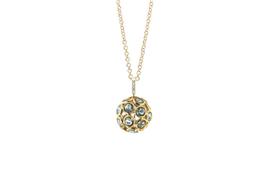 Blue Topaz and Diamond Origami  Ball Pendant in 18k Yellow Gold