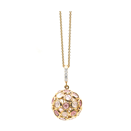 Origami Rainbow moonstone, Pink Tourmaline & Diamond Sphere Ball Pendant in 18k Yellow Gold
