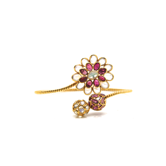 Rainbow Moonstone & Pink Tourmaline Bangle in 18k  Yellow Gold