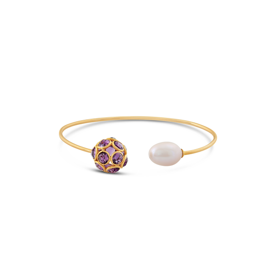 Amethyst & Pearl Bangle In 18k Yellow Gold