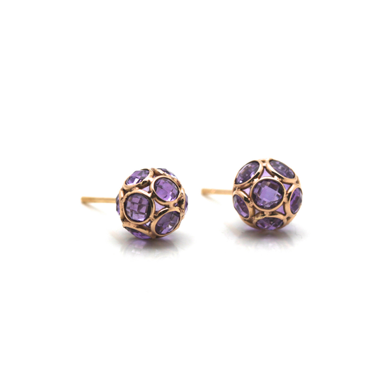 Amethyst Origami Sphere Ball Stud Earrings in 18K Rose Gold