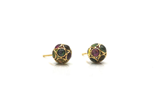 Multicolor Tourmaline Origami Sphere Ball Earrings in 18K Yellow Gold