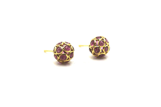 Pink Tourmaline Origami Sphere Ball Stud Earrings  in 18k Yellow Gold
